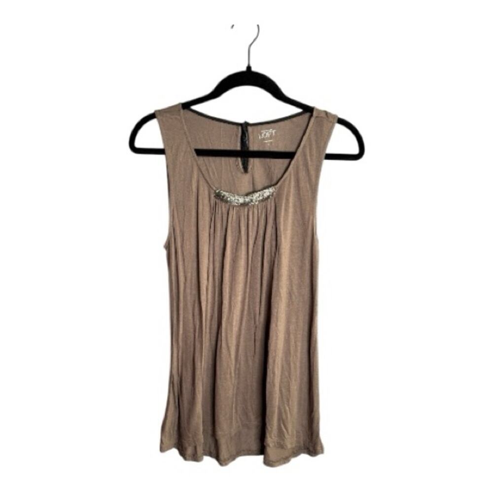 LOFT Dark Gray Sleeveless Beaded Ribbon Detail Top Small